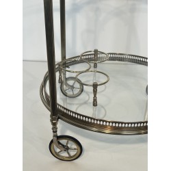 Rare Pair of Round Silvered Brass Drinks Trolley by Maison Bagués