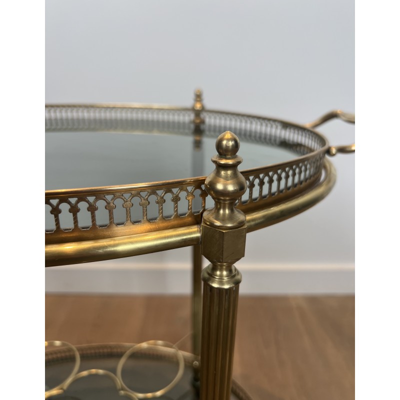 Neoclassical Style Oval Brass Drinks Trolley with Bluish Glass by Maison Jansen