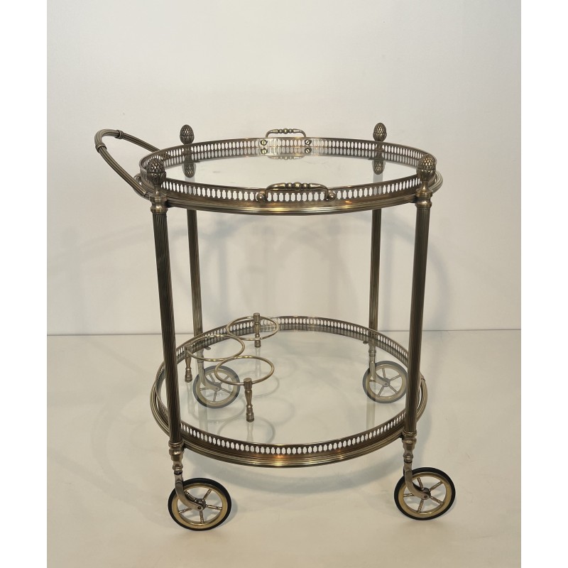 Rare Pair of Round Silvered Brass Drinks Trolley by Maison Bagués
