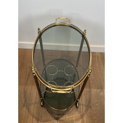 Neoclassical Style Oval Brass Drinks Trolley with Bluish Glass by Maison Jansen