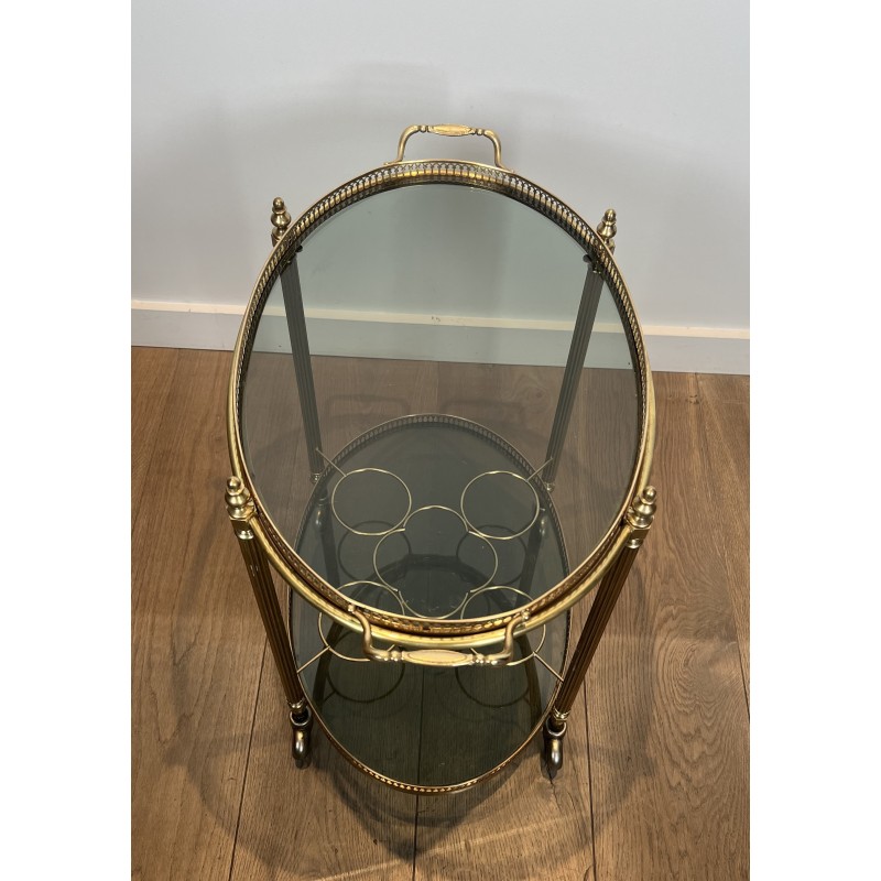 Neoclassical Style Oval Brass Drinks Trolley with Bluish Glass by Maison Jansen