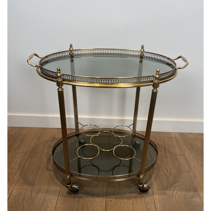 Table Roulante Ovale en Laiton à Plateaux de Verre Bleutés de la Maison Jansen