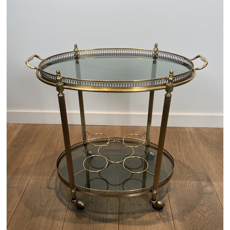 Table Roulante Ovale en Laiton à Plateaux de Verre Bleutés de la Maison Jansen