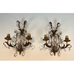 Pair of Gilded Metal and Crystals Wall Sconces in the style of Maison Baguès