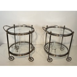 Rare Pair of Round Silvered Brass Drinks Trolley by Maison Bagués