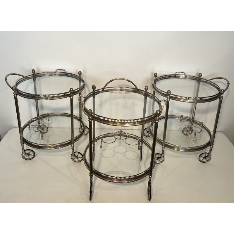 Rare Set of 3 Round Silvered Brass Drinks Trolley by Maison Bagués