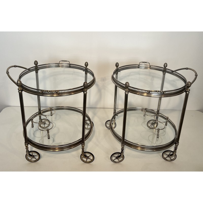 Rare Set of 3 Round Silvered Brass Drinks Trolley by Maison Bagués