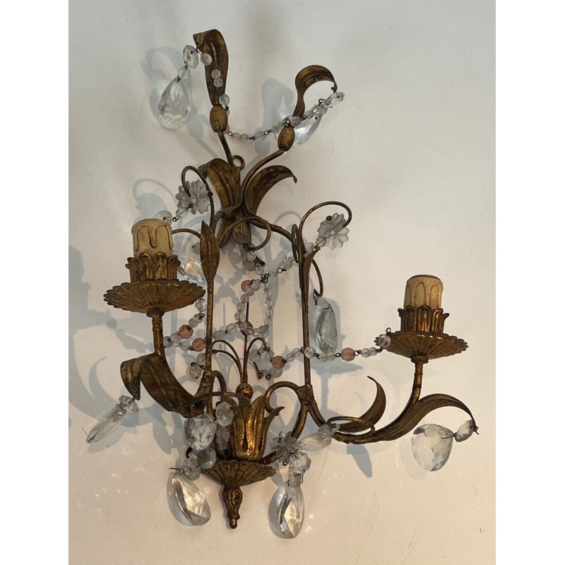 Pair of Gilded Metal and Crystals Wall Sconces in the style of Maison Baguès