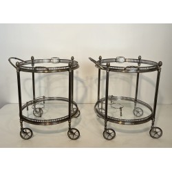 Rare Set of 3 Round Silvered Brass Drinks Trolley by Maison Bagués