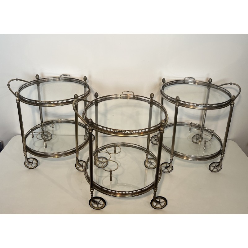 Rare Set of 3 Round Silvered Brass Drinks Trolley by Maison Bagués