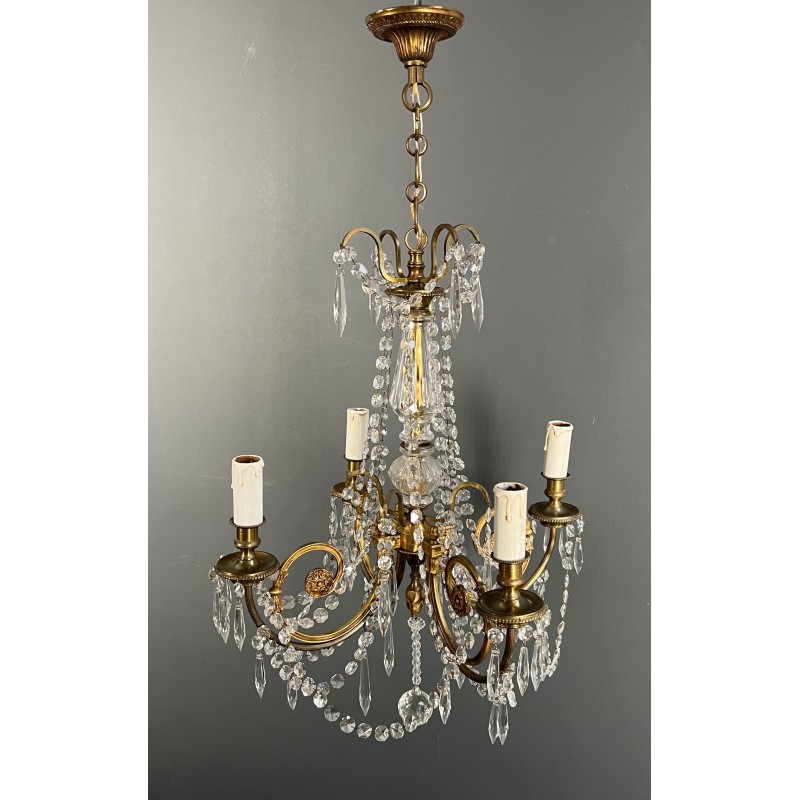Lustre en Bronze et Cristaux de Style Louis XVI, Travail Français, vers 1900
