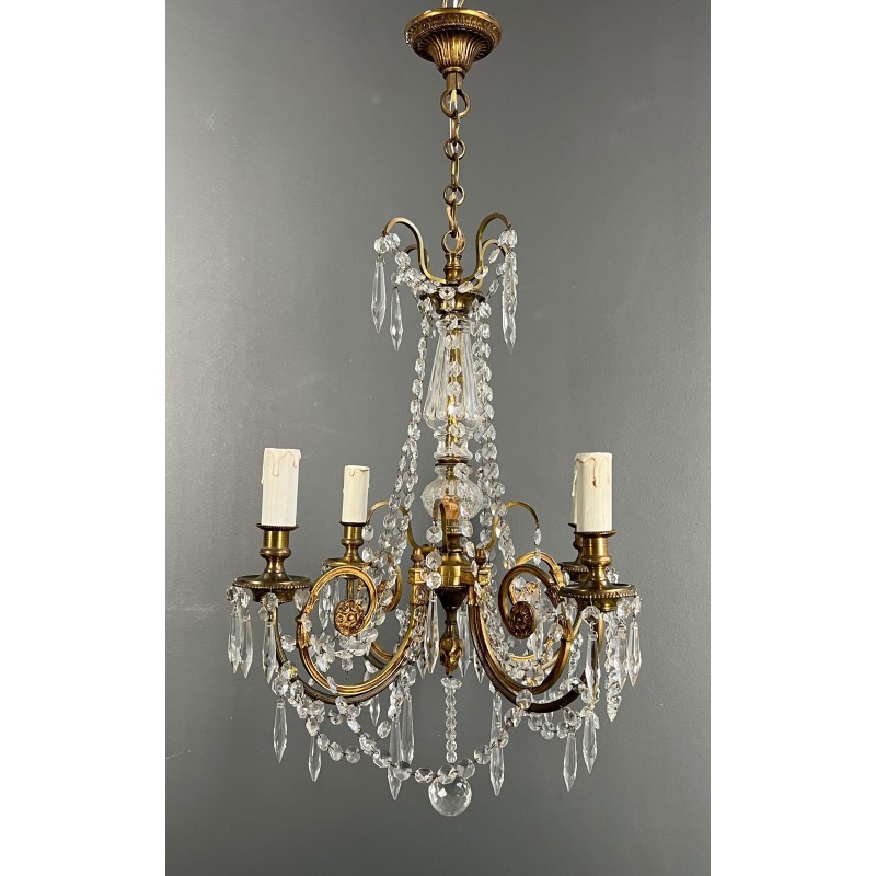 Lustre en Bronze et Cristaux de Style Louis XVI, Travail Français, vers 1900