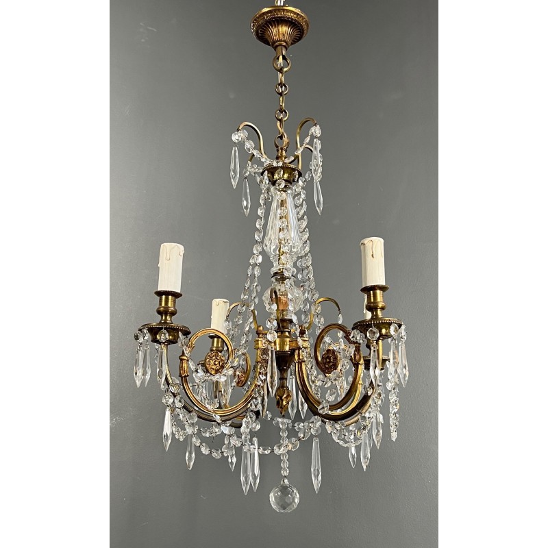 Lustre en Bronze et Cristaux de Style Louis XVI, Travail Français, vers 1900