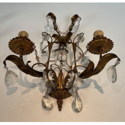 Pair of Gilded Metal and Crystals Wall Sconces in the style of Maison Baguès