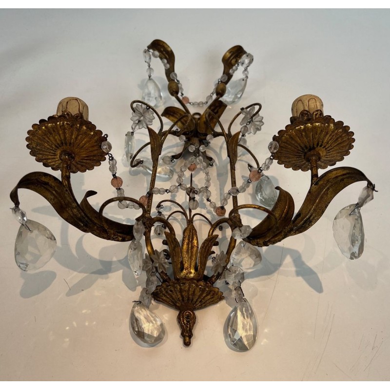 Pair of Gilded Metal and Crystals Wall Sconces in the style of Maison Baguès