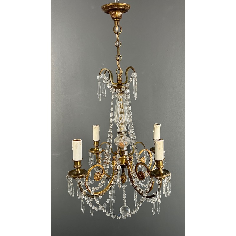 Lustre en Bronze et Cristaux de Style Louis XVI, Travail Français, vers 1900