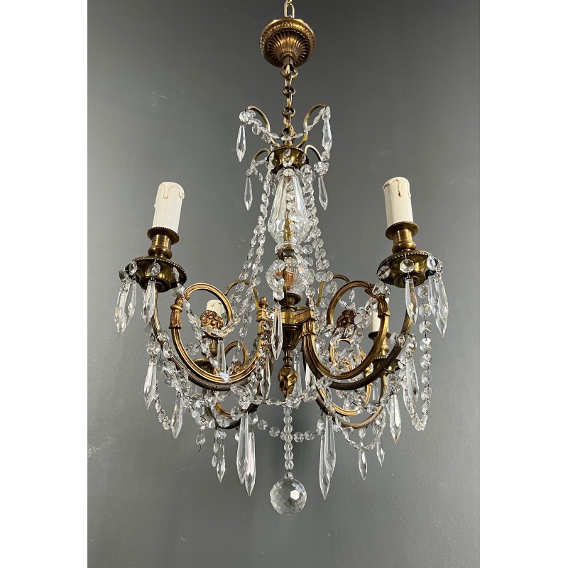 Lustre en Bronze et Cristaux de Style Louis XVI, Travail Français, vers 1900