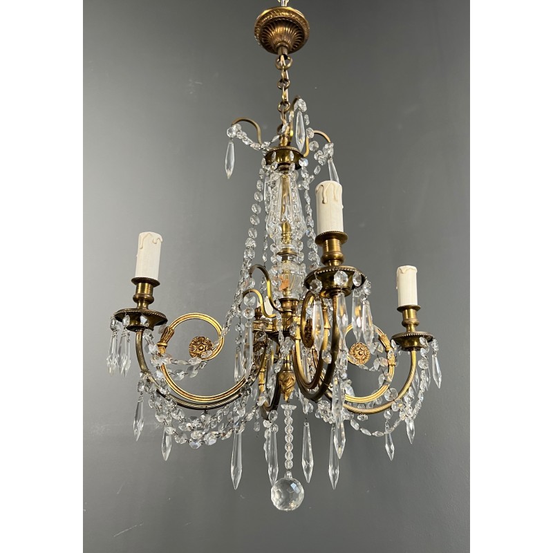 Lustre en Bronze et Cristaux de Style Louis XVI, Travail Français, vers 1900