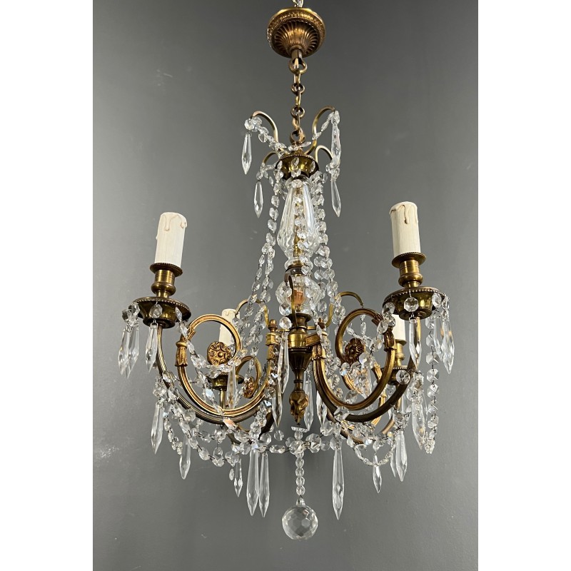 Lustre en Bronze et Cristaux de Style Louis XVI, Travail Français, vers 1900