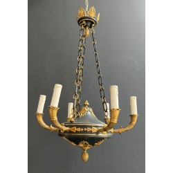 Empire Style Chandelier in Green Sheet Metal and Gilt Bronze with Palmette Ornaments, French Work, circa 1920
