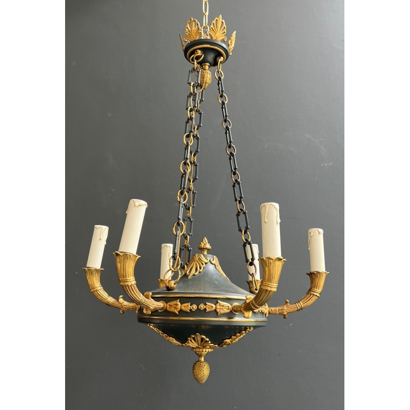 Empire Style Chandelier in Green Sheet Metal and Gilt Bronze with Palmette Ornaments, French Work, circa 1920