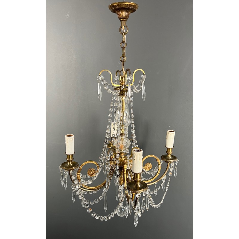 Lustre en Bronze et Cristaux de Style Louis XVI, Travail Français, vers 1900