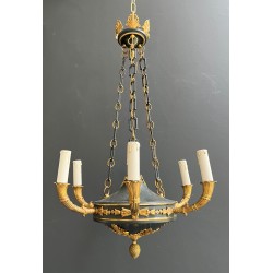 Empire Style Chandelier in Green Sheet Metal and Gilt Bronze with Palmette Ornaments, French Work, circa 1920
