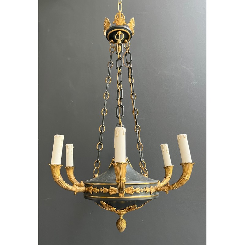 Empire Style Chandelier in Green Sheet Metal and Gilt Bronze with Palmette Ornaments, French Work, circa 1920