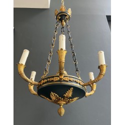 Empire Style Chandelier in Green Sheet Metal and Gilt Bronze with Palmette Ornaments, French Work, circa 1920
