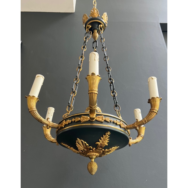 Empire Style Chandelier in Green Sheet Metal and Gilt Bronze with Palmette Ornaments, French Work, circa 1920