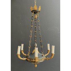 Empire Style Chandelier in Green Sheet Metal and Gilt Bronze with Palmette Ornaments, French Work, circa 1920