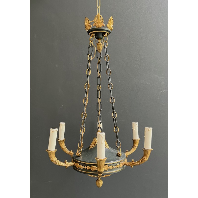 Empire Style Chandelier in Green Sheet Metal and Gilt Bronze with Palmette Ornaments, French Work, circa 1920