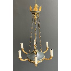 Empire Style Chandelier in Green Sheet Metal and Gilt Bronze with Palmette Ornaments, French Work, circa 1920