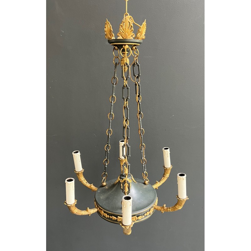 Empire Style Chandelier in Green Sheet Metal and Gilt Bronze with Palmette Ornaments, French Work, circa 1920