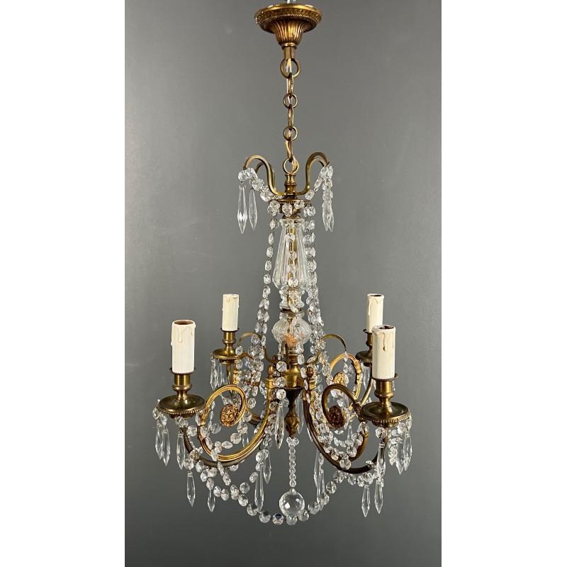 Lustre en Bronze et Cristaux de Style Louis XVI, Travail Français, vers 1900