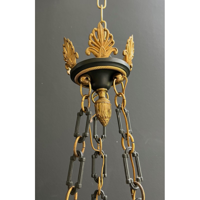 Empire Style Chandelier in Green Sheet Metal and Gilt Bronze with Palmette Ornaments, French Work, circa 1920