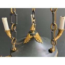 Empire Style Chandelier in Green Sheet Metal and Gilt Bronze with Palmette Ornaments, French Work, circa 1920