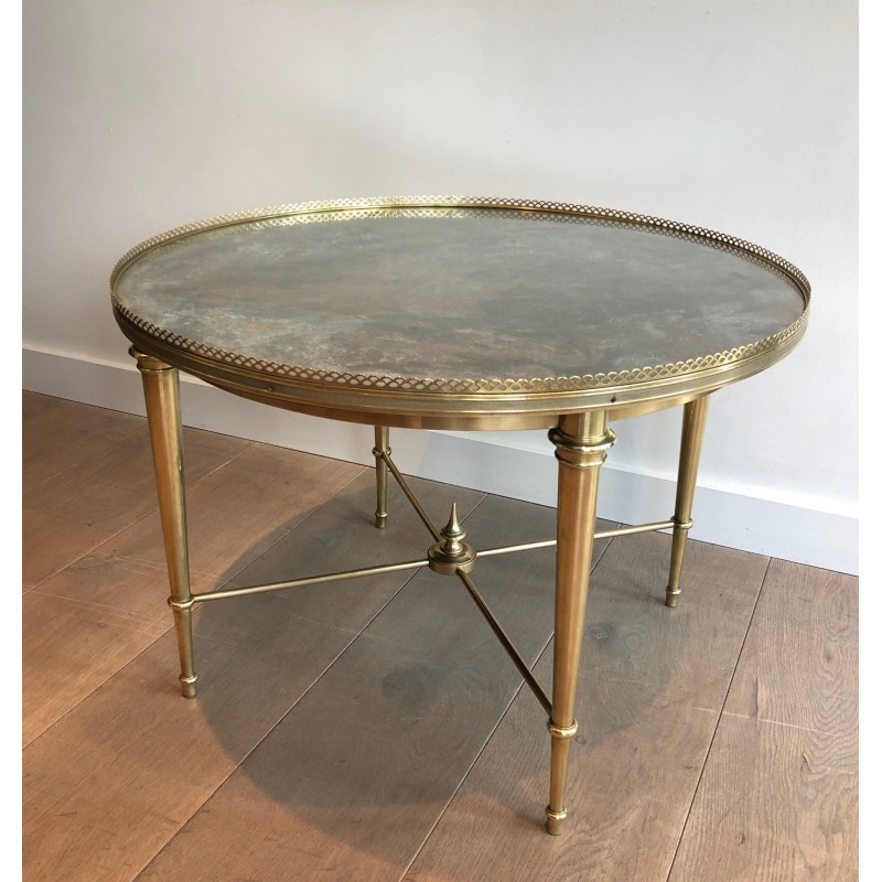 Neoclassical Round Brass Coffee Table with Acid-Worked Brass Tray by Maison Ramsay, French Work, circa 1940