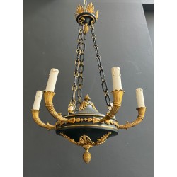 Empire Style Chandelier in Green Sheet Metal and Gilt Bronze with Palmette Ornaments, French Work, circa 1920