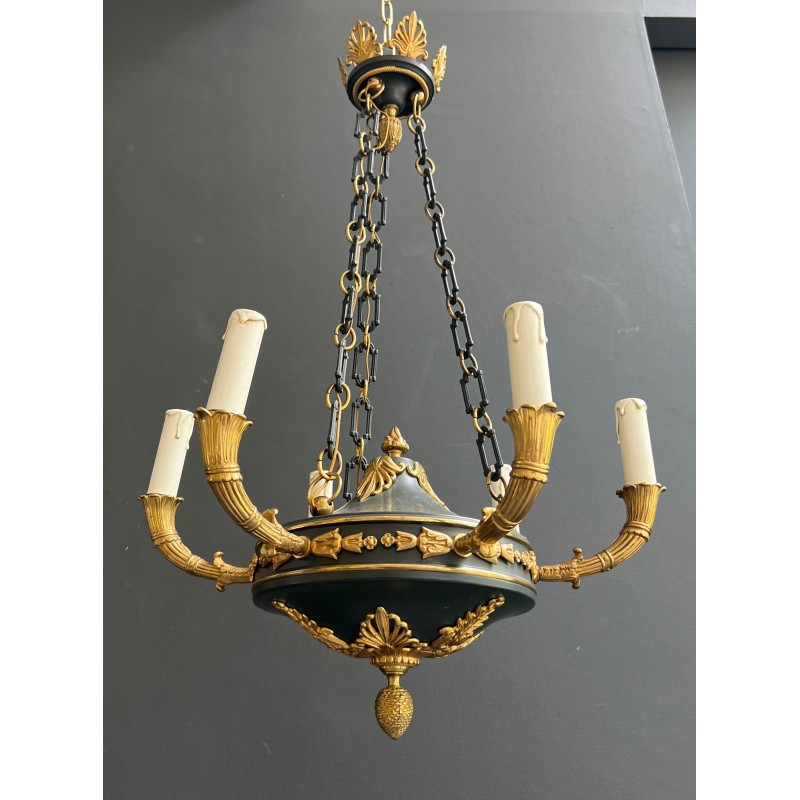 Empire Style Chandelier in Green Sheet Metal and Gilt Bronze with Palmette Ornaments, French Work, circa 1920
