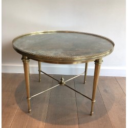 Table Basse Ronde Néoclassique en Laiton à Plateau Travaillé à l'Acide par la Maison Ramsay, Travail Français, vers 1940