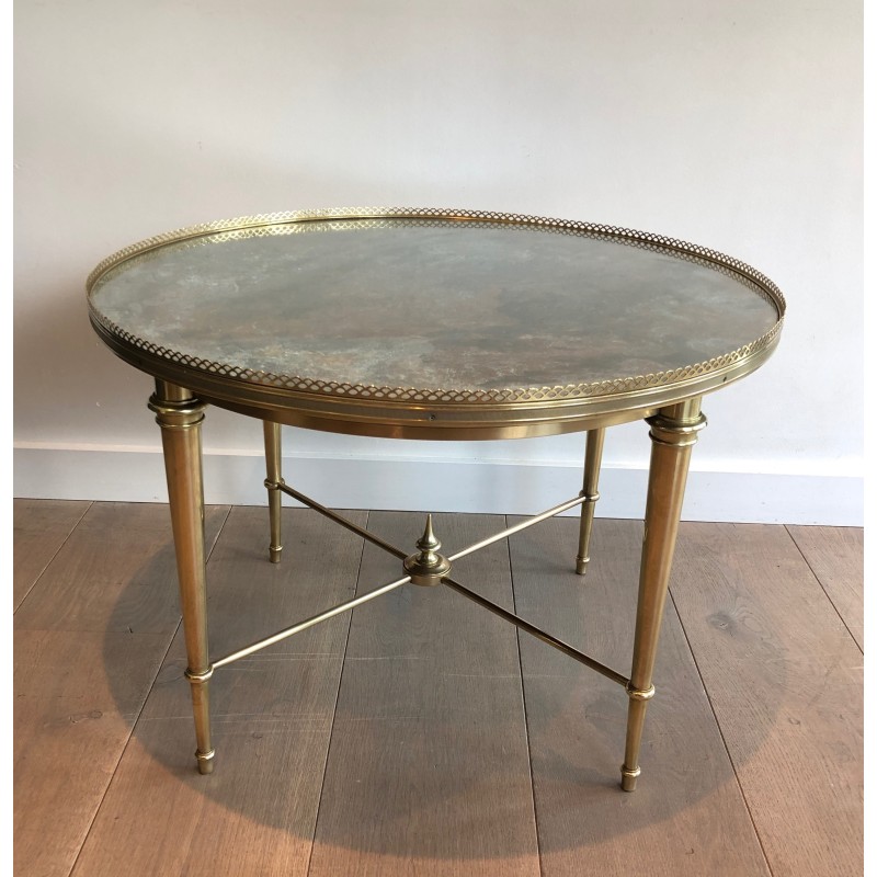 Table Basse Ronde Néoclassique en Laiton à Plateau Travaillé à l'Acide par la Maison Ramsay, Travail Français, vers 1940