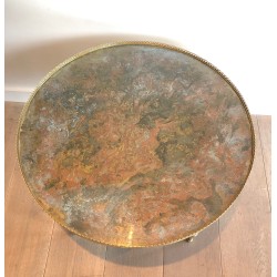 Neoclassical Round Brass Coffee Table with Acid-Worked Brass Tray by Maison Ramsay, French Work, circa 1940