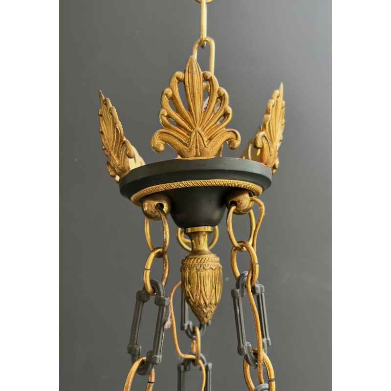 Lustre de Style Empire en Tôle Verte et Bronze Doré à Décors de Palmettes et Ornements, Travail Français, vers 1920