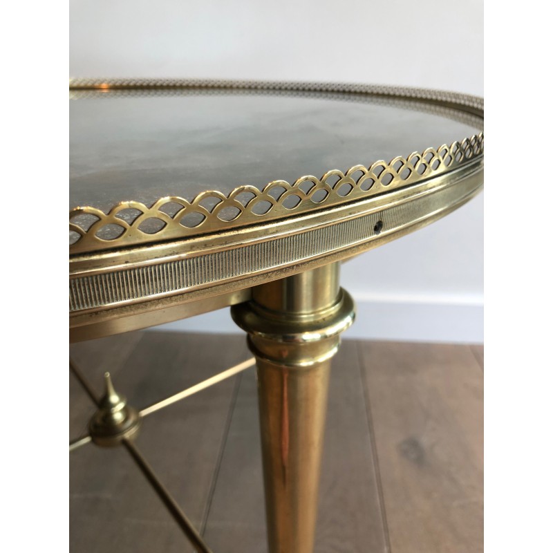 Neoclassical Round Brass Coffee Table with Acid-Worked Brass Tray by Maison Ramsay, French Work, circa 1940