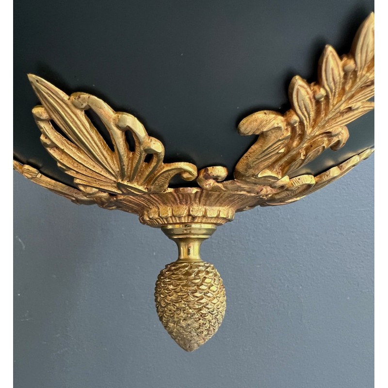 Empire Style Chandelier in Green Sheet Metal and Gilt Bronze with Palmette Ornaments, French Work, circa 1920