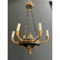 Empire Style Chandelier in Green Sheet Metal and Gilt Bronze with Palmette Ornaments, French Work, circa 1920