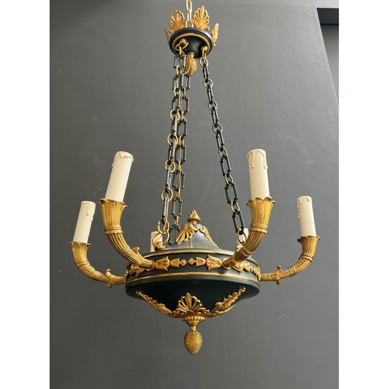Empire Style Chandelier in Green Sheet Metal and Gilt Bronze with Palmette Ornaments, French Work, circa 1920