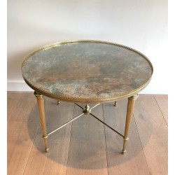 Neoclassical Round Brass Coffee Table with Acid-Worked Brass Tray by Maison Ramsay, French Work, circa 1940