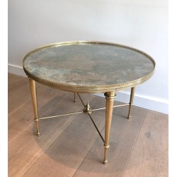 Table Basse Ronde Néoclassique en Laiton à Plateau Travaillé à l'Acide par la Maison Ramsay, Travail Français, vers 1940